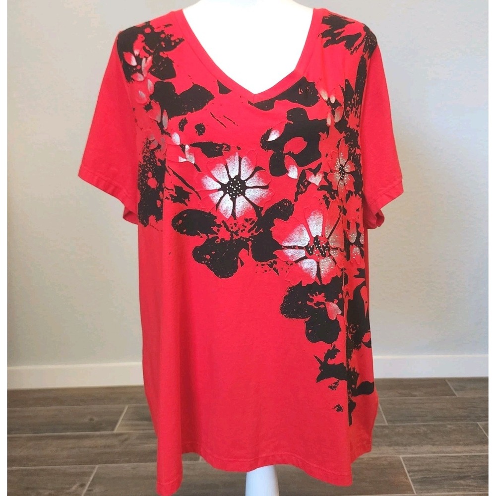 Laura Ashley Top T-Shirt Womens 3X Plus Red Black Beaded Modern Art Casual NWT